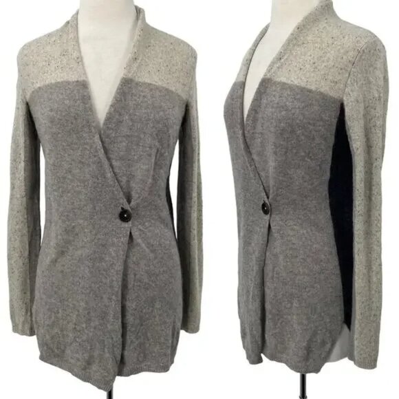 White + Warren Cashmere Cardigan Sweater Preppy Wrap Lagenlook Minimal Two Tone - Picture 2 of 7